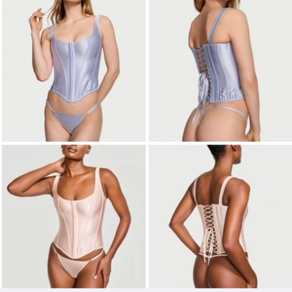 Victorias Secret Silk Peachy Pink/Baby Blue Corset & V-String Ensemble L/XL NWT